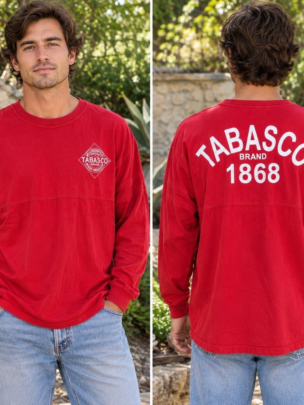 Vintage Y2K Tabasco Mens Red Long Sleeve Shirt